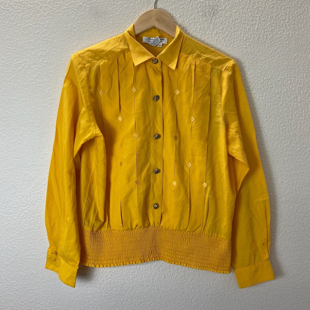 Laura & Jayne Blouse Women 6 Yellow Good Smocked Waist Pintuck Vintage 80s